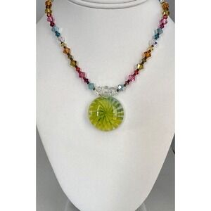 Emily Ray Sterling Swarovski Crystal Beaded Necklace Large Green Glass Pendant